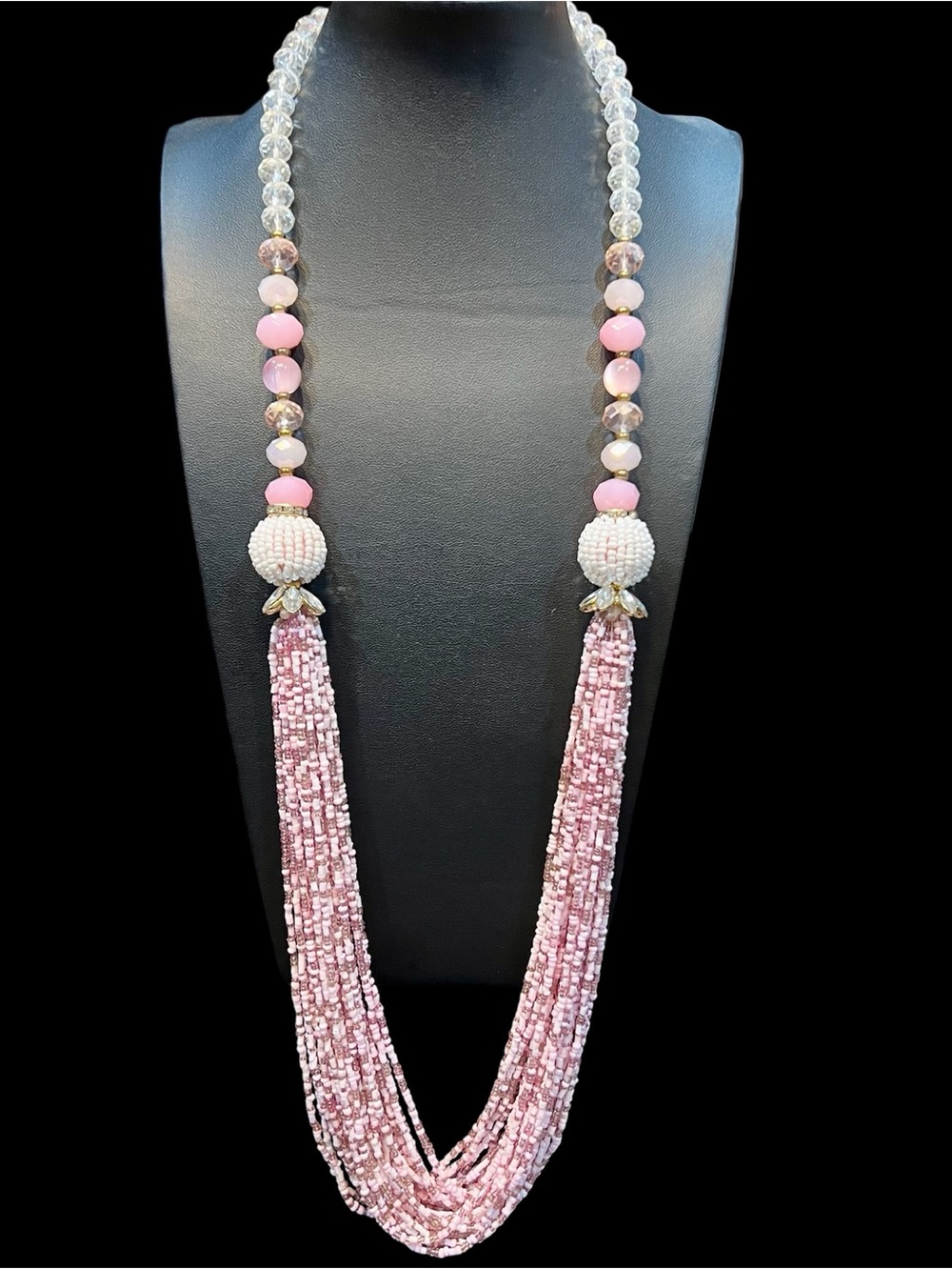 Pink - Vintage Glass, Seed Bead & Rhinestone Necklace